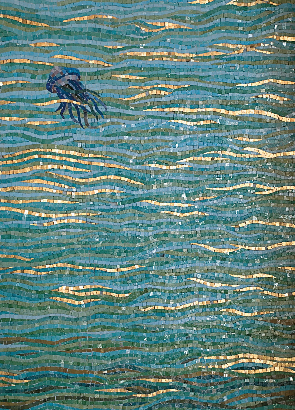 Sea mosaic with a jellyfish in teal and gold tiles